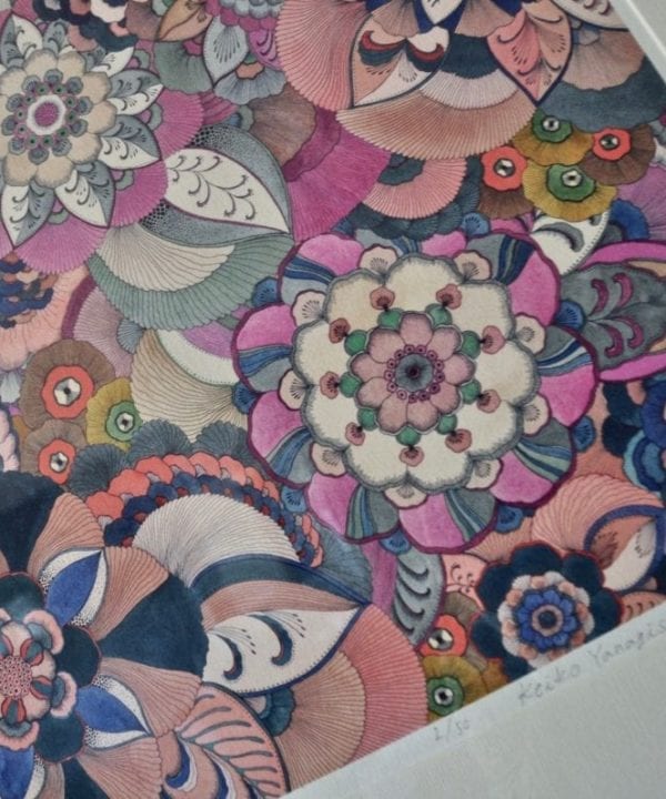 Detail of a floral Japanese drawing limited edition print in a palette of pinks, purples and greens.