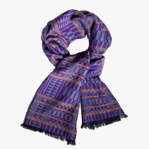 A luxury cashmere and cotton mix wide scarf in purple, orange and grey with a geometric weave..