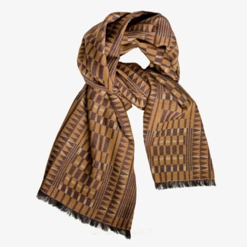 A luxury cashmere and cotton mix wide scarf in beiges and browns with a geometric weave.