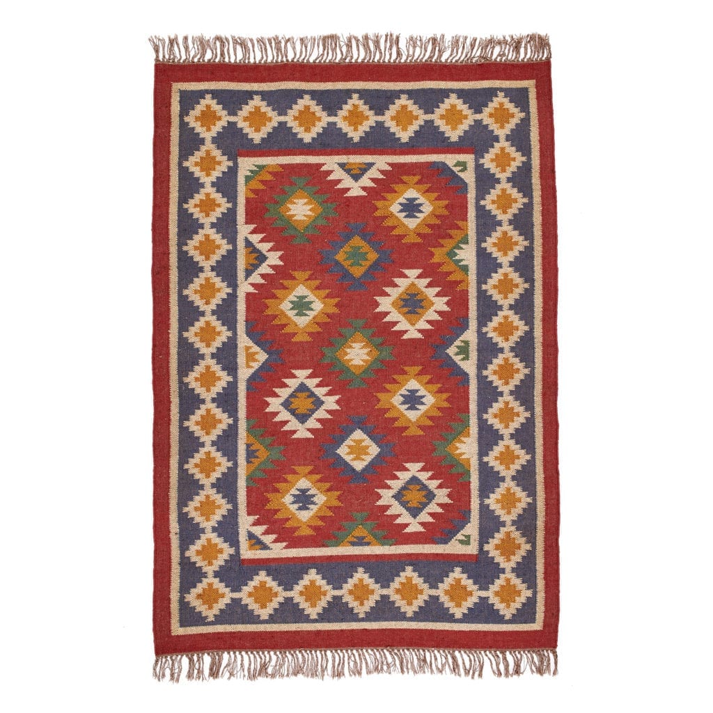 An Aztec, geometric red rug with blue border.