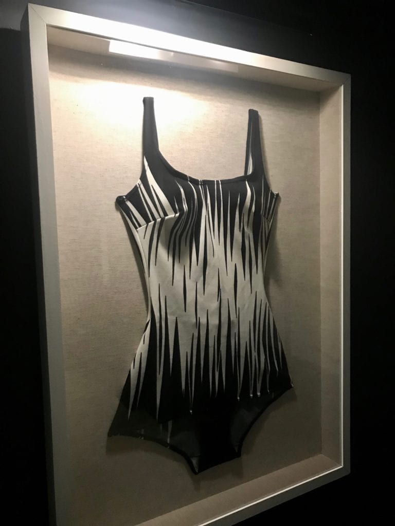 A vintage, retro swimsuit on display at The Gallivant restaurant and bar in Camber Sands, near Rye, Sussex.