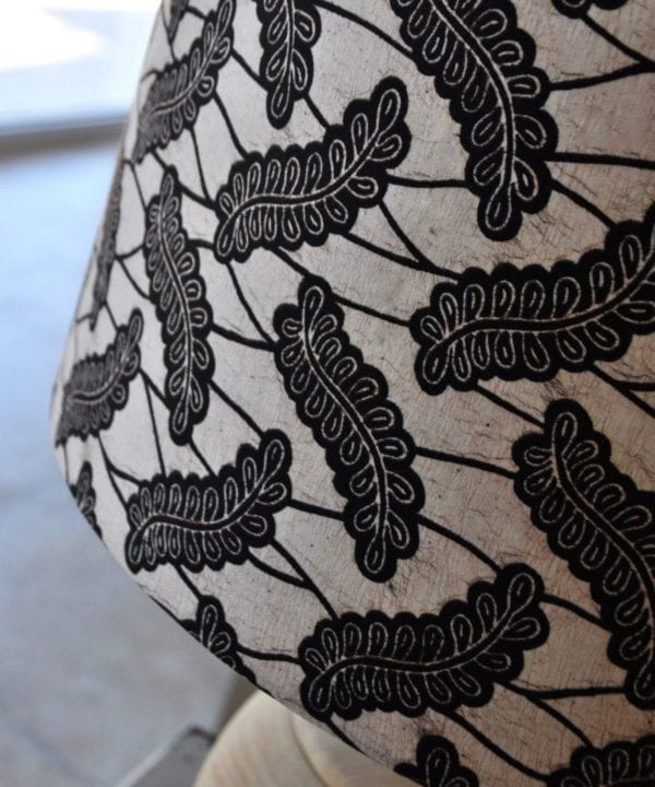 Detail shot of an African Dutch wax print drum lampshade in monochrome.