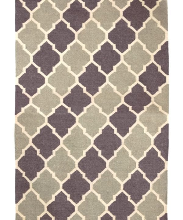 A flatweave, grey and white trellis rug handmade in India.