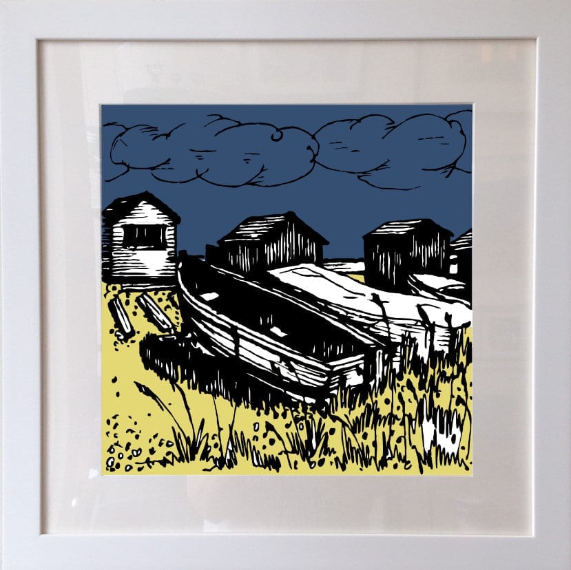 A print of boats and beach houses in Rye, England from Shepherd Hut Studios.