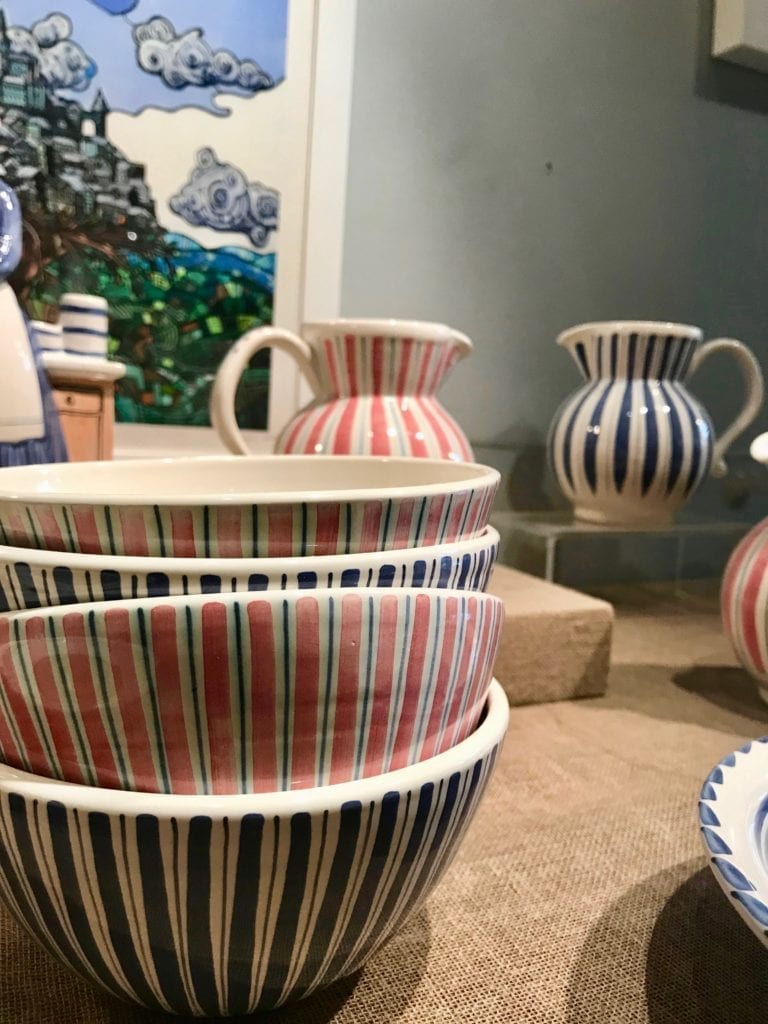 Striped crockery from The Rye Pottery in Rye, Sussex.