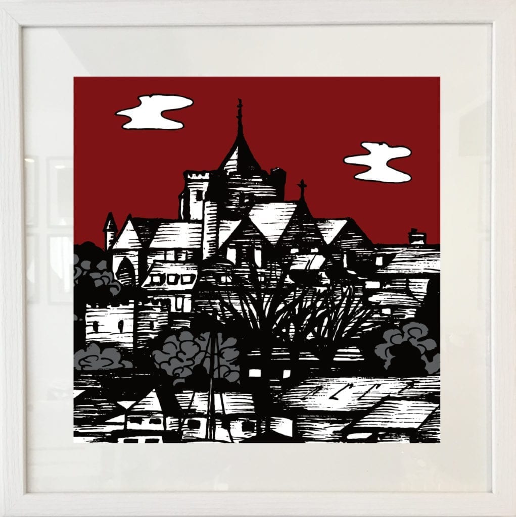 A Shepherd Hut Studios line-drawn print of the town of Rye on the south coast of England in monochrome and wine red.