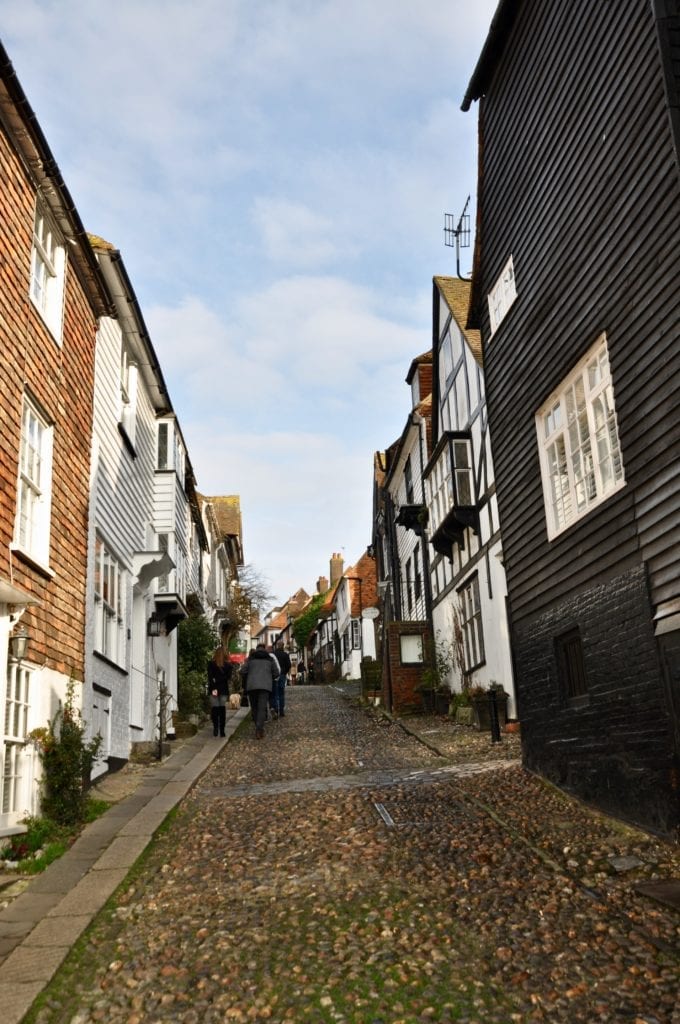 A winding and steep cobbled street in Rye, Sussex.