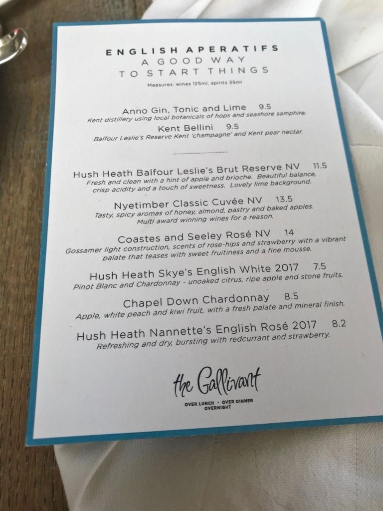 A menu from The Gallivant in Camber Sands near Rye, Sussex.