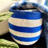 A blue and white striped, stylish storage basket with leaves in the foreground.