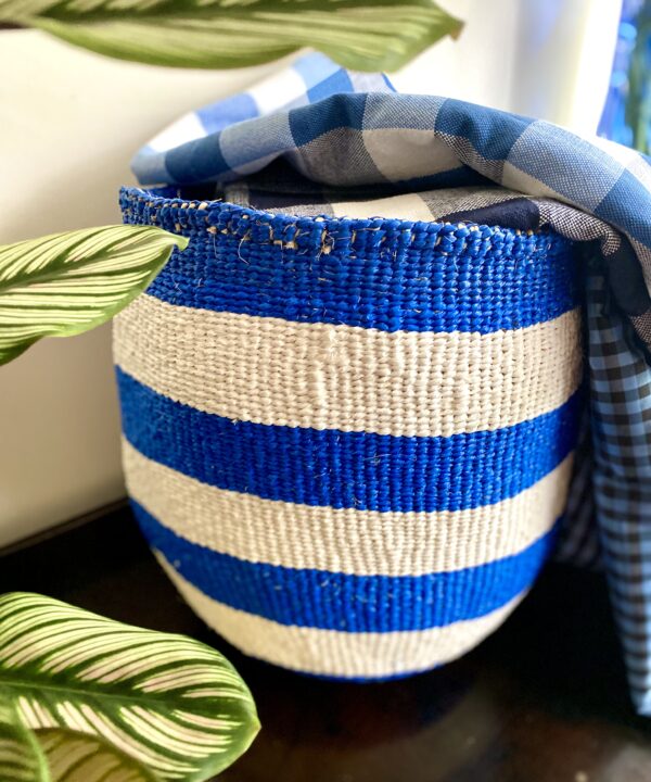 A blue and white striped, stylish storage basket with leaves in the foreground.
