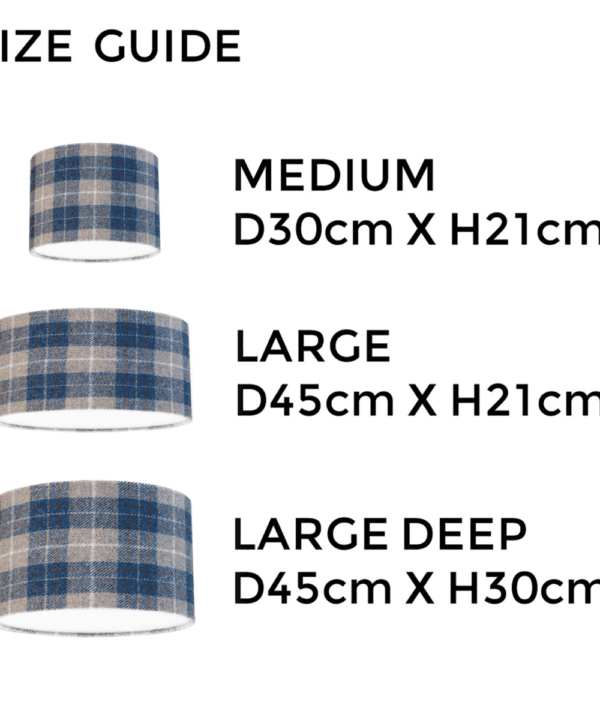 Harris tweed lampshades size guide illustrating the different dimensions available.