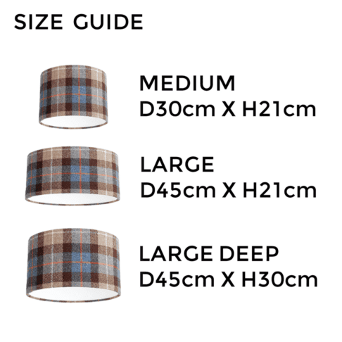 Brown and blue check Harris tweed lampshade size guide illustrating the different dimensions available.