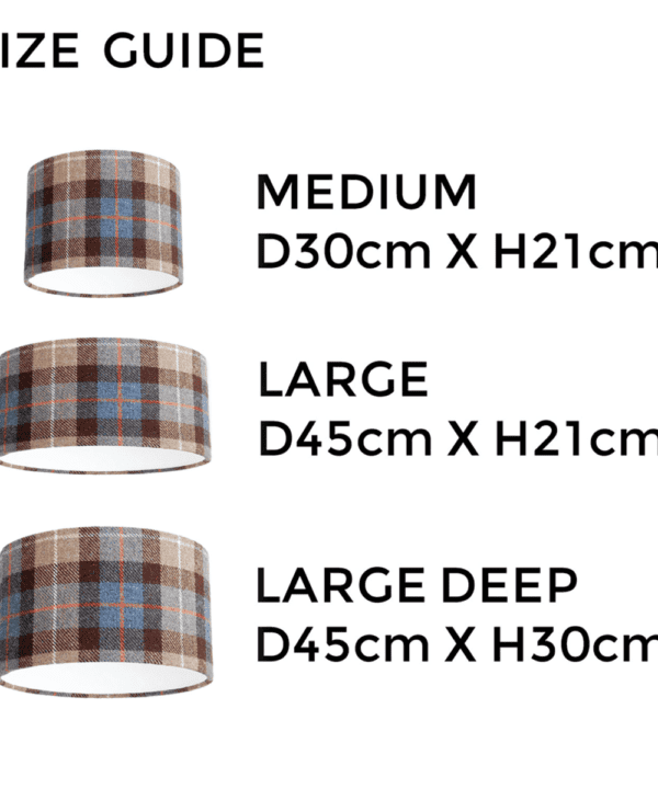 Brown and blue check Harris tweed lampshade size guide illustrating the different dimensions available.