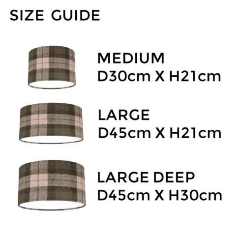 Black and moss green check drum shade size guide illustrating the different dimensions available.