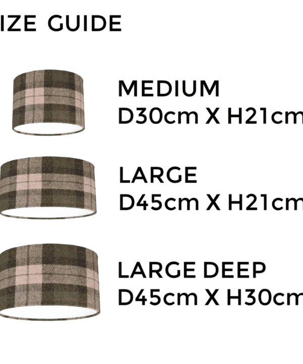 Black and moss green check drum shade size guide illustrating the different dimensions available.