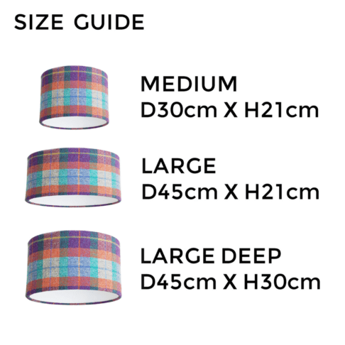 Size guide for the Harris tweed check drum lampshades from Telescope Style.