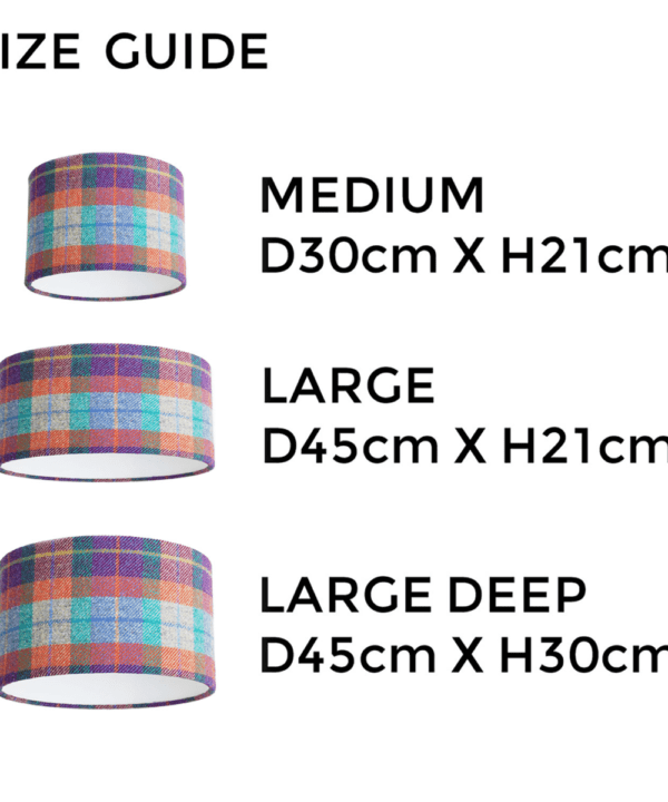 Size guide for the Harris tweed check drum lampshades from Telescope Style.