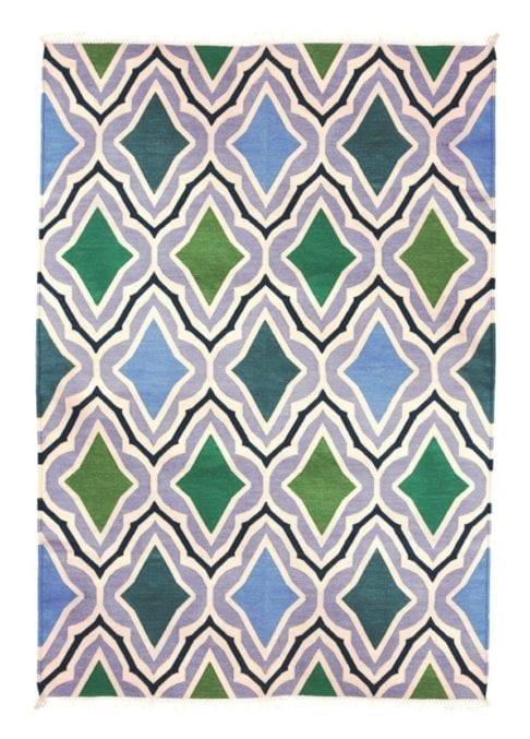A mesmerising diagonal motif Indian dhurrie rug in sky blue, green and grey.