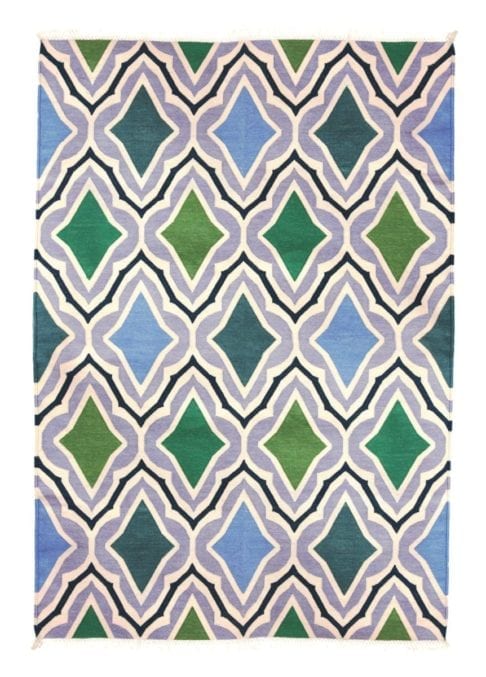 A mesmerising diagonal motif Indian dhurrie rug in sky blue, green and grey.