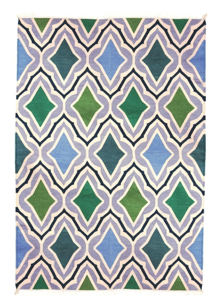 A mesmerising diagonal motif Indian dhurrie rug in sky blue, green and grey.