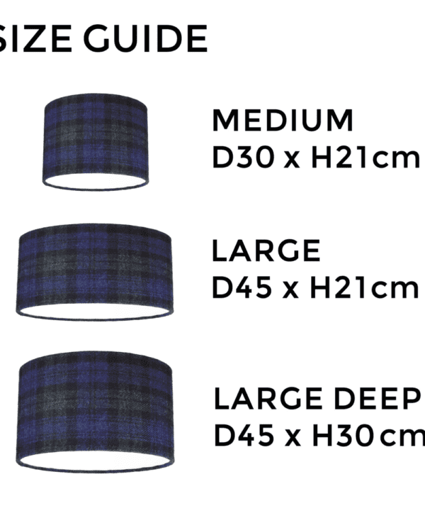 Black Watch tartan Harris tweed lampshade size guide illustrating the different dimensions available.