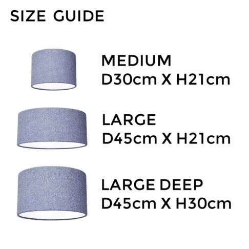 Blue herringbone Harris tweed lampshade size guide illustrating the different dimensions available.