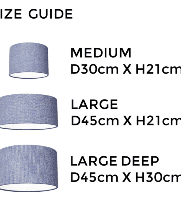 Blue herringbone Harris tweed lampshade size guide illustrating the different dimensions available.