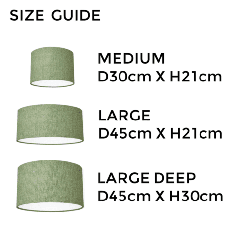 Green tweed lampshade size guide illustrating the different dimensions available.