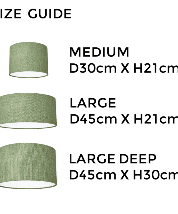 Green tweed lampshade size guide illustrating the different dimensions available.