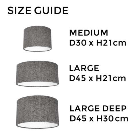 Grey herringbone Harris tweed lampshade size guide illustrating the different dimensions available.