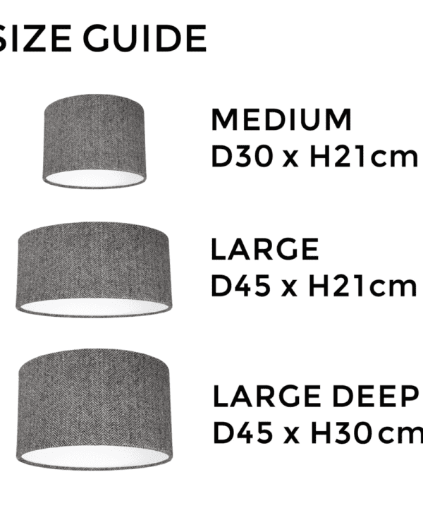 Grey herringbone Harris tweed lampshade size guide illustrating the different dimensions available.