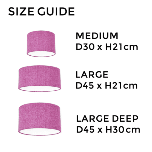 Pink tweed lampshade size guide illustrating the different dimensions available.