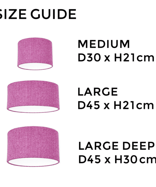 Pink tweed lampshade size guide illustrating the different dimensions available.