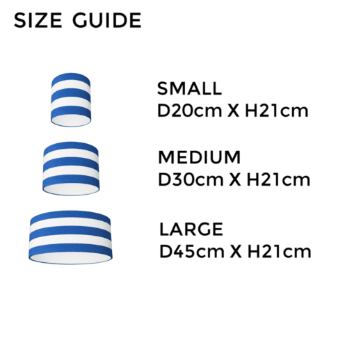 Royal blue striped deckchair fabric lampshade size guide illustrating the different dimensions available.