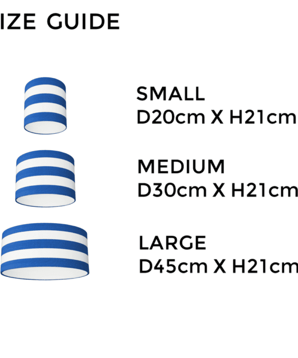 Royal blue striped deckchair fabric lampshade size guide illustrating the different dimensions available.