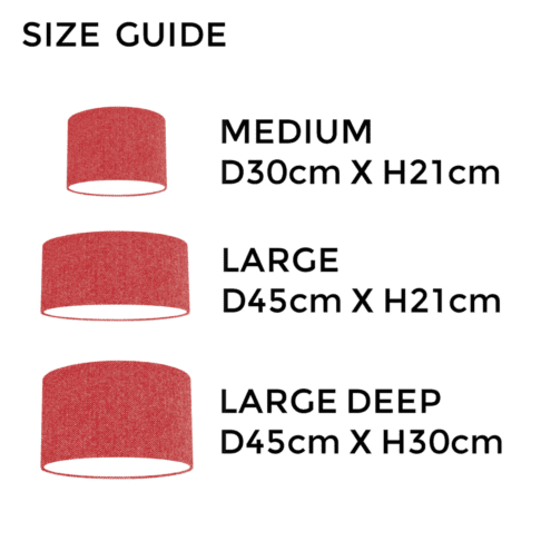 Red herringbone Harris tweed lampshade size guide illustrating the different dimensions available.