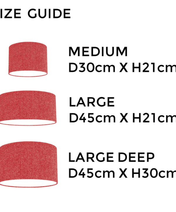 Red herringbone Harris tweed lampshade size guide illustrating the different dimensions available.