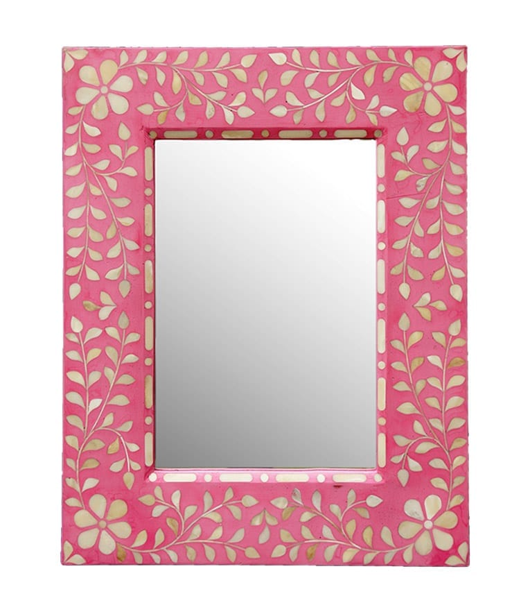 An Indian bone inlay mirror in pink.