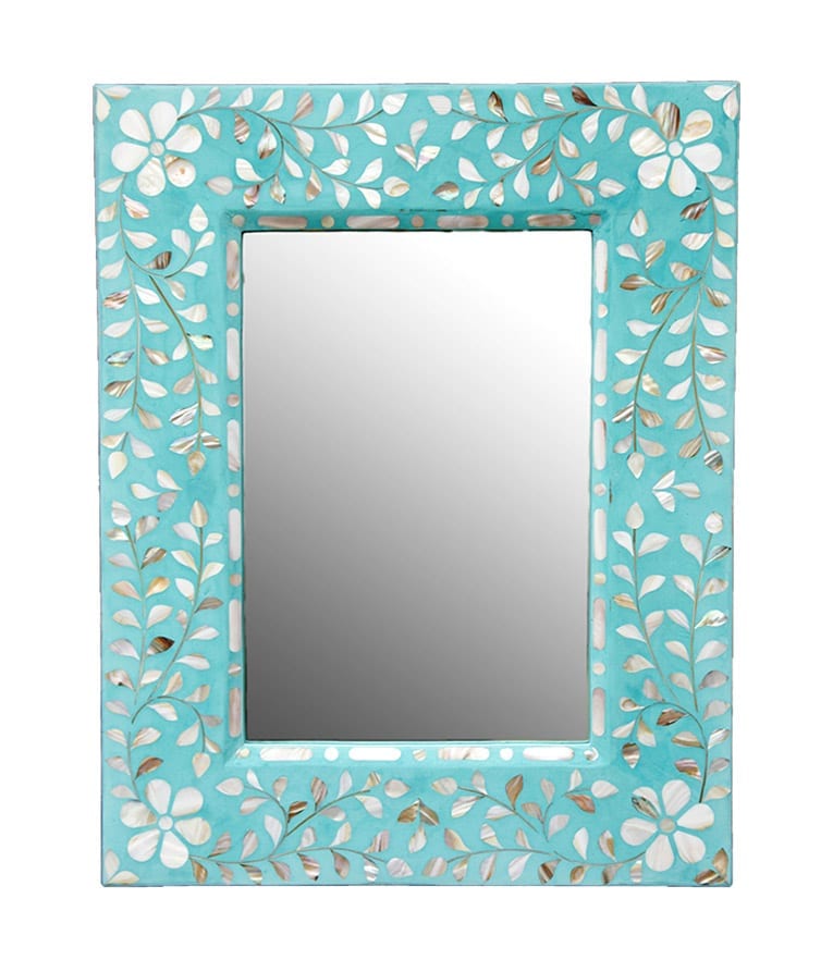 An Indian Mother-Of-Pearl inlay mirror in turquoise.