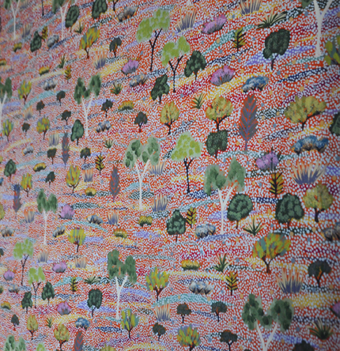 Pastel Melita wallpaper depicting trees and flora of the Australian Bush. Original artwork by an indigenous Australian Aboriginal artist commissioned by Bay Gallery Home.