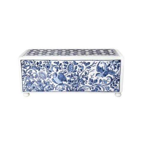 A blue and white rectangular vase with Delft-inspired Dutch painted decoration, white bun feet and stem holes for easy flower arranging.