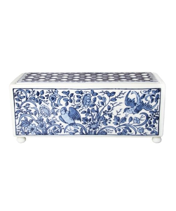 A blue and white rectangular vase with Delft-inspired Dutch painted decoration, white bun feet and stem holes for easy flower arranging.