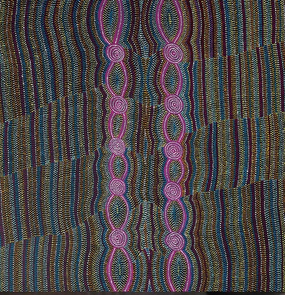 Aboriginal artwork in mauves, blues and browns.