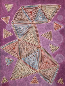 An eye-catching Aboriginal art painting in pinks with triangular forms in blues, oranges and yellows.