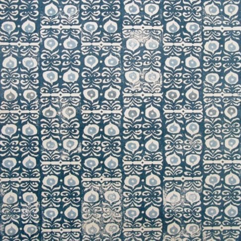 Fabric detail of 'Iznik' linen indigo blue patterned cushions.