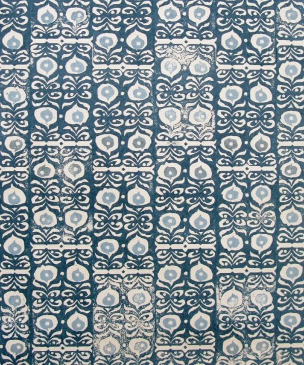 Fabric detail of 'Iznik' linen indigo blue patterned cushions.