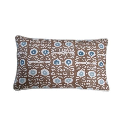 Cinnamon brown patterned cushions in hand-printed linen.