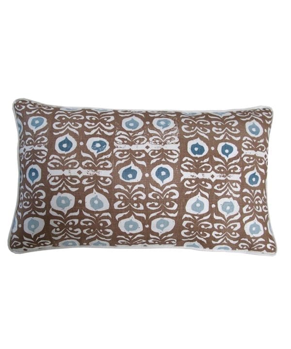 Cinnamon brown patterned cushions in hand-printed linen.