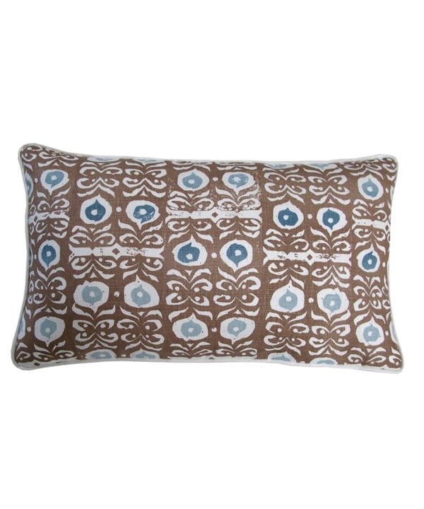 Cinnamon brown patterned cushions in hand-printed linen.