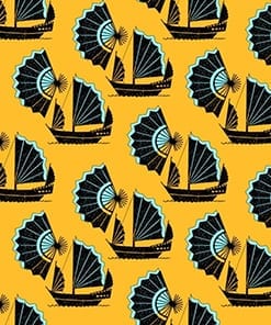 A striking, yellow wallpaper inspired by Chinese junk cargo ships.